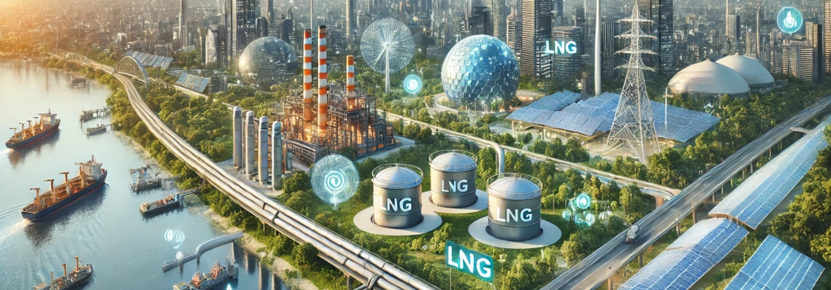 Illustration of low-carbon fuel adoption in Southeast Asia with solar panels, wind turbines, and natural gas infrastructure.
